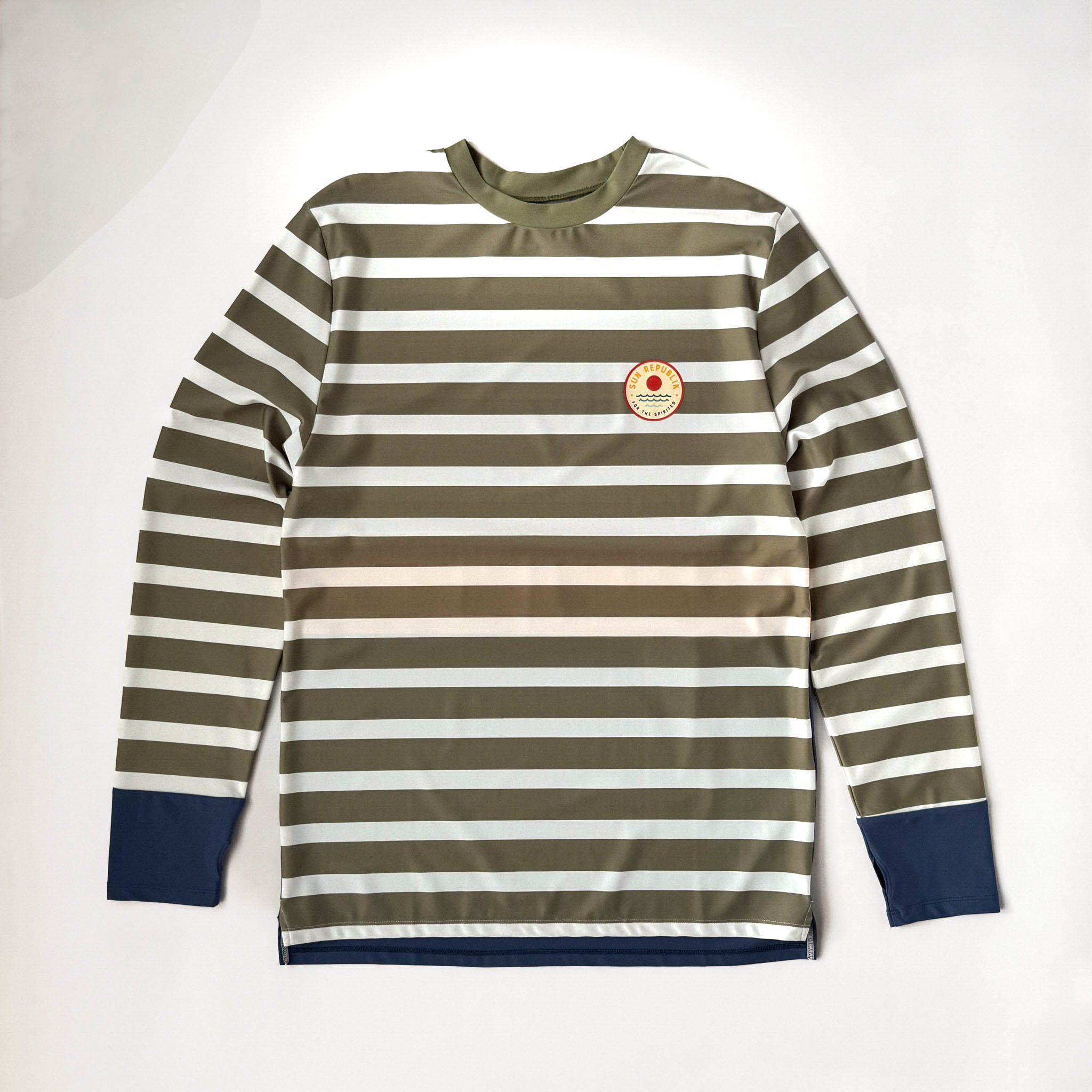 Front view of men swimwear swim top long sleeve on white background.