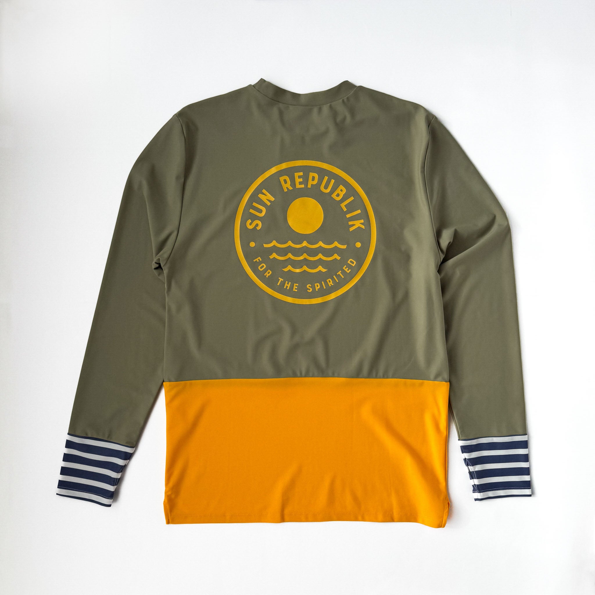 Men swimwear rash guard on white background. View of back with long sleeve and yellow panel.