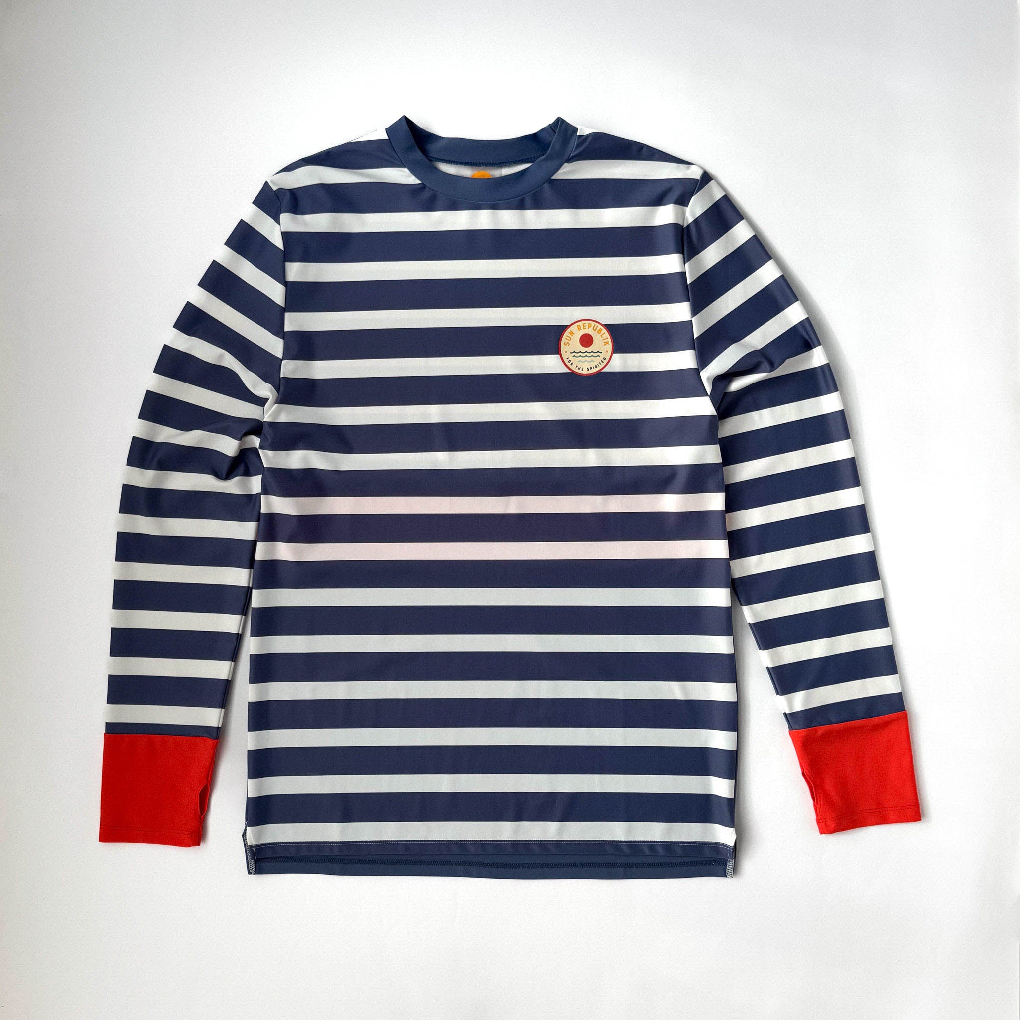 Front view of men swimwear rashies, long sleeve on white background.