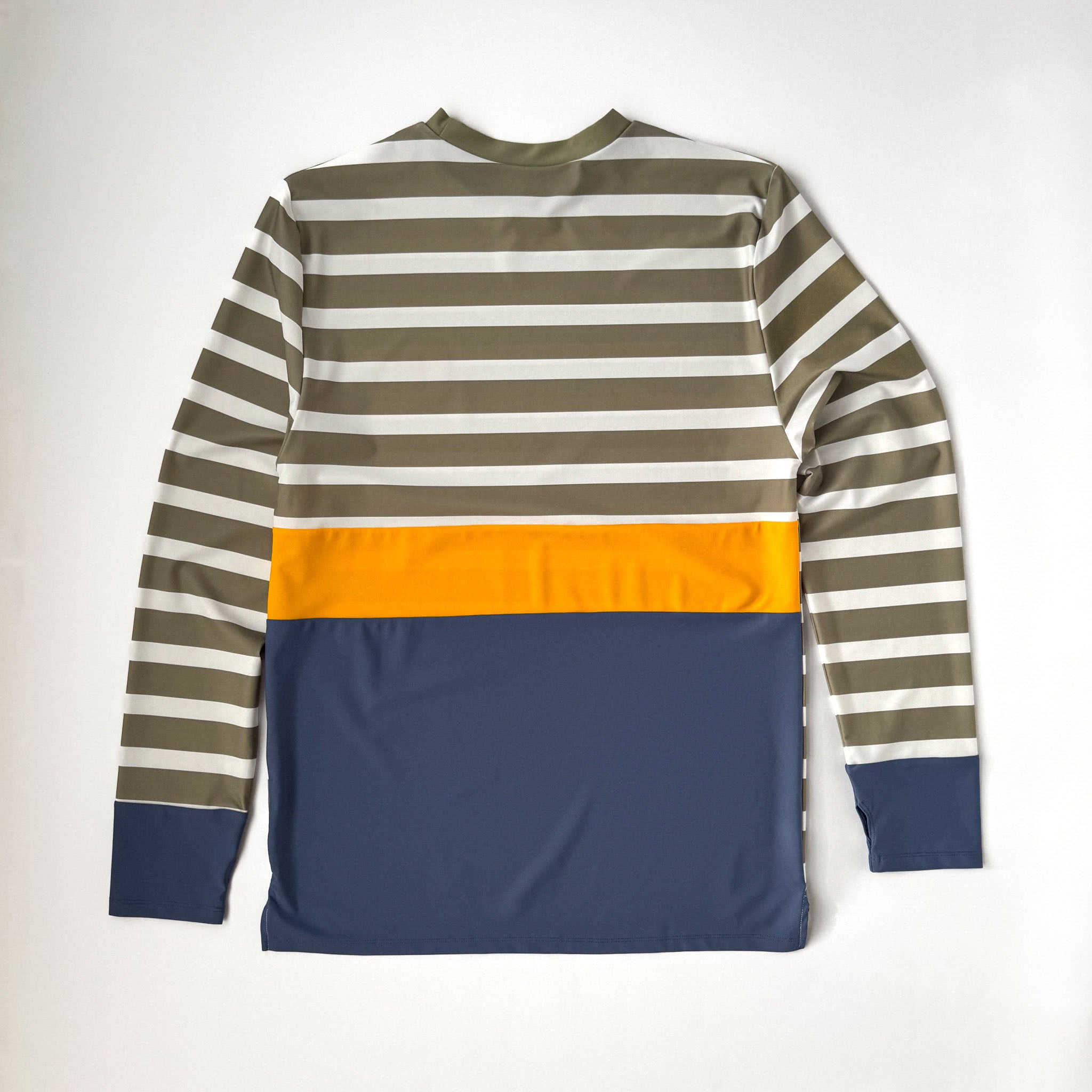 Mens beach wear swim shirt long sleeve on white background.