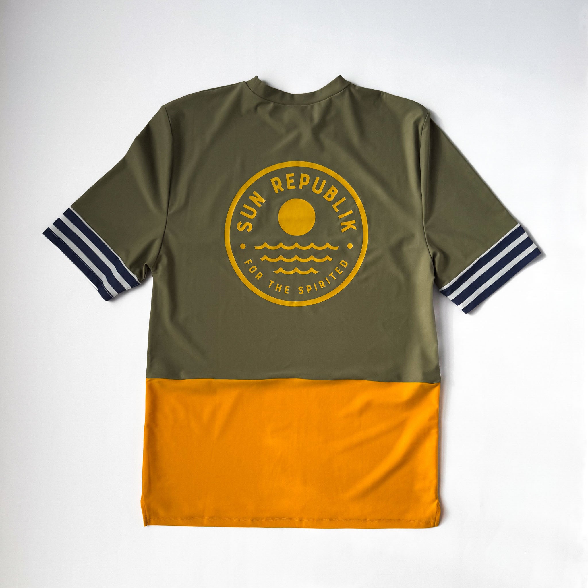 Back view of mens beach wear swim top. Short sleeve, sun republik logo. On white background.