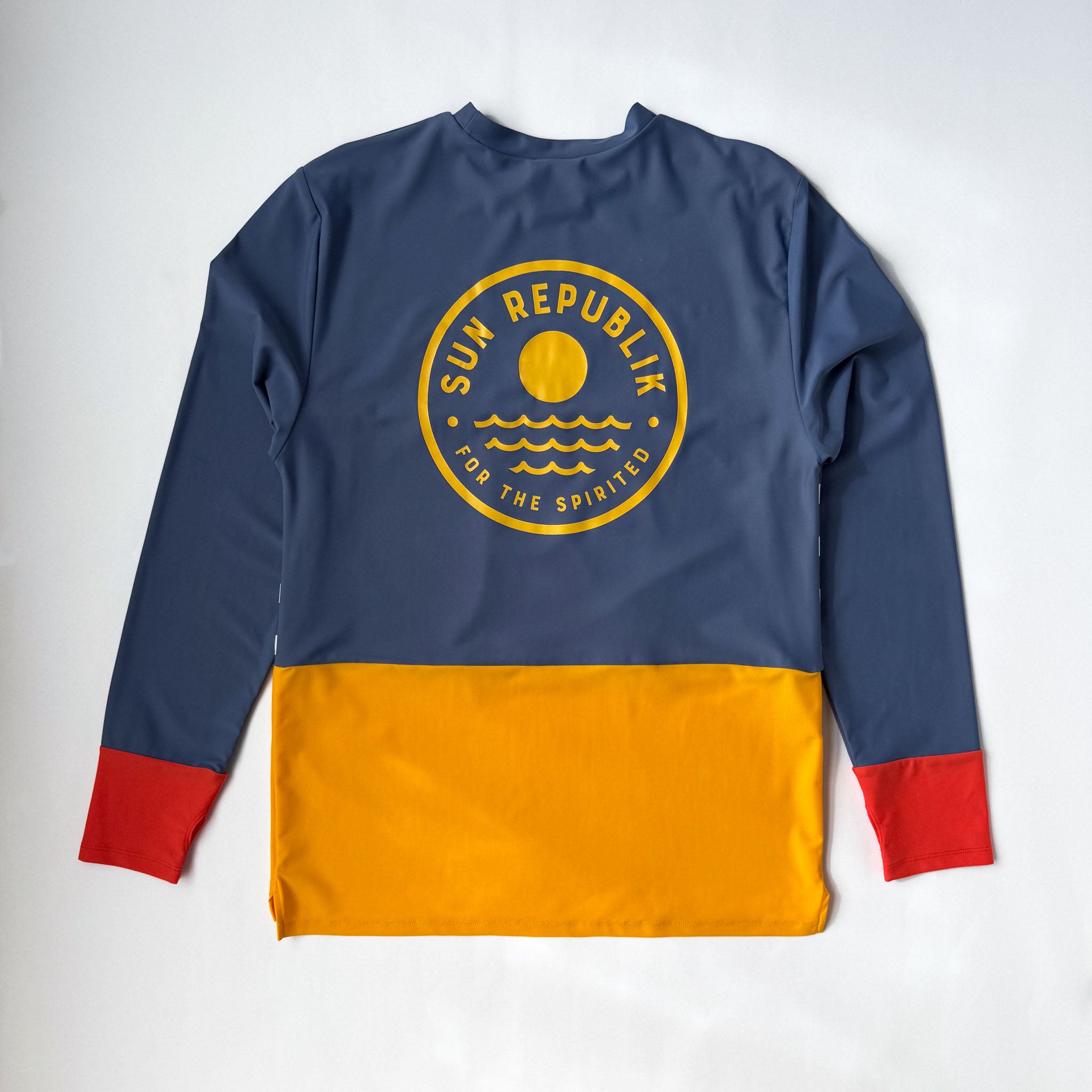 Back view of men swimwear, long sleeve swim shirt with sun republik logo. On white background.