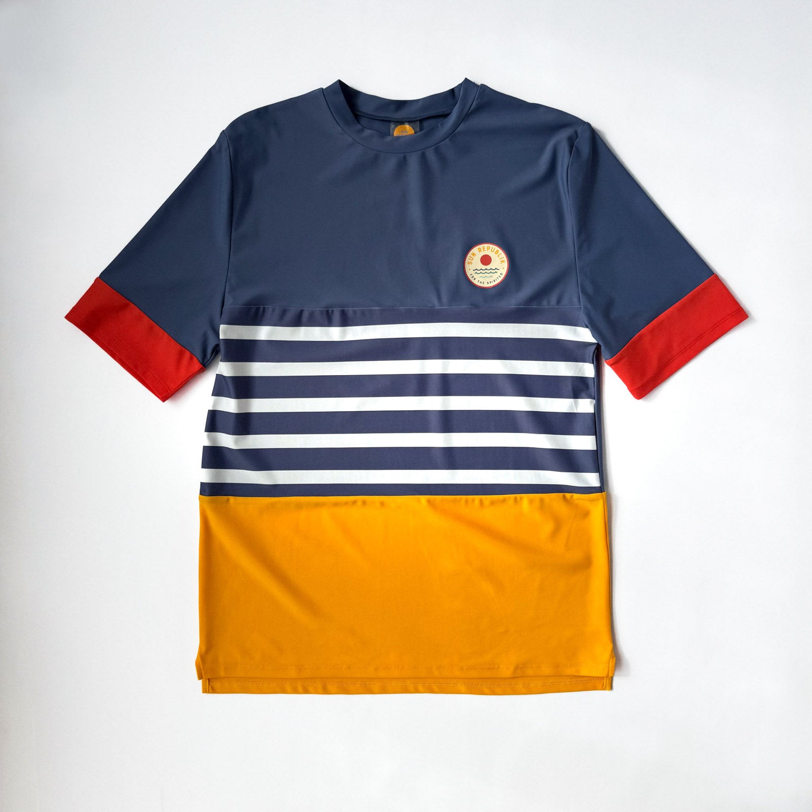 Font view of men swimwear swim shirt on white background. Sun republik logo.