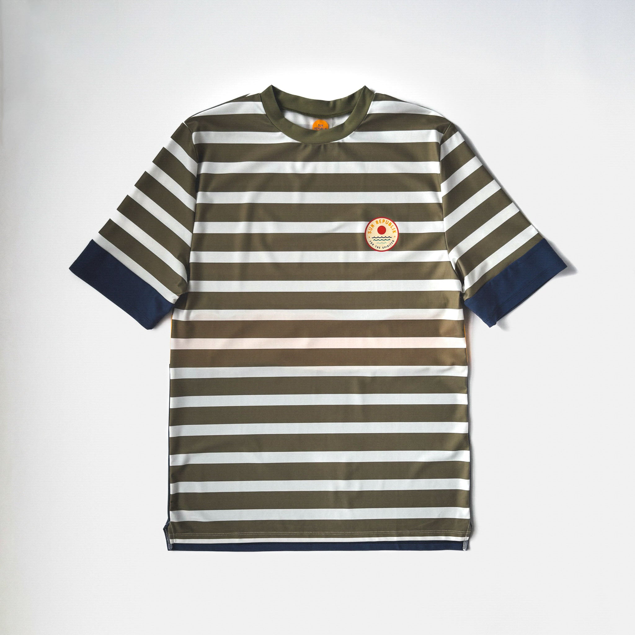 Men swimwear swim shirt, short sleeve. Front view on white background.