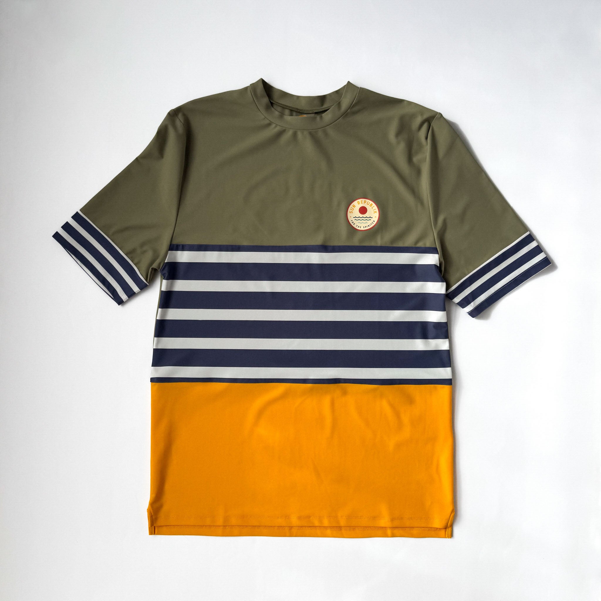 Front view of mens beach wear swim shirt with blue stripes and logo. On white background.