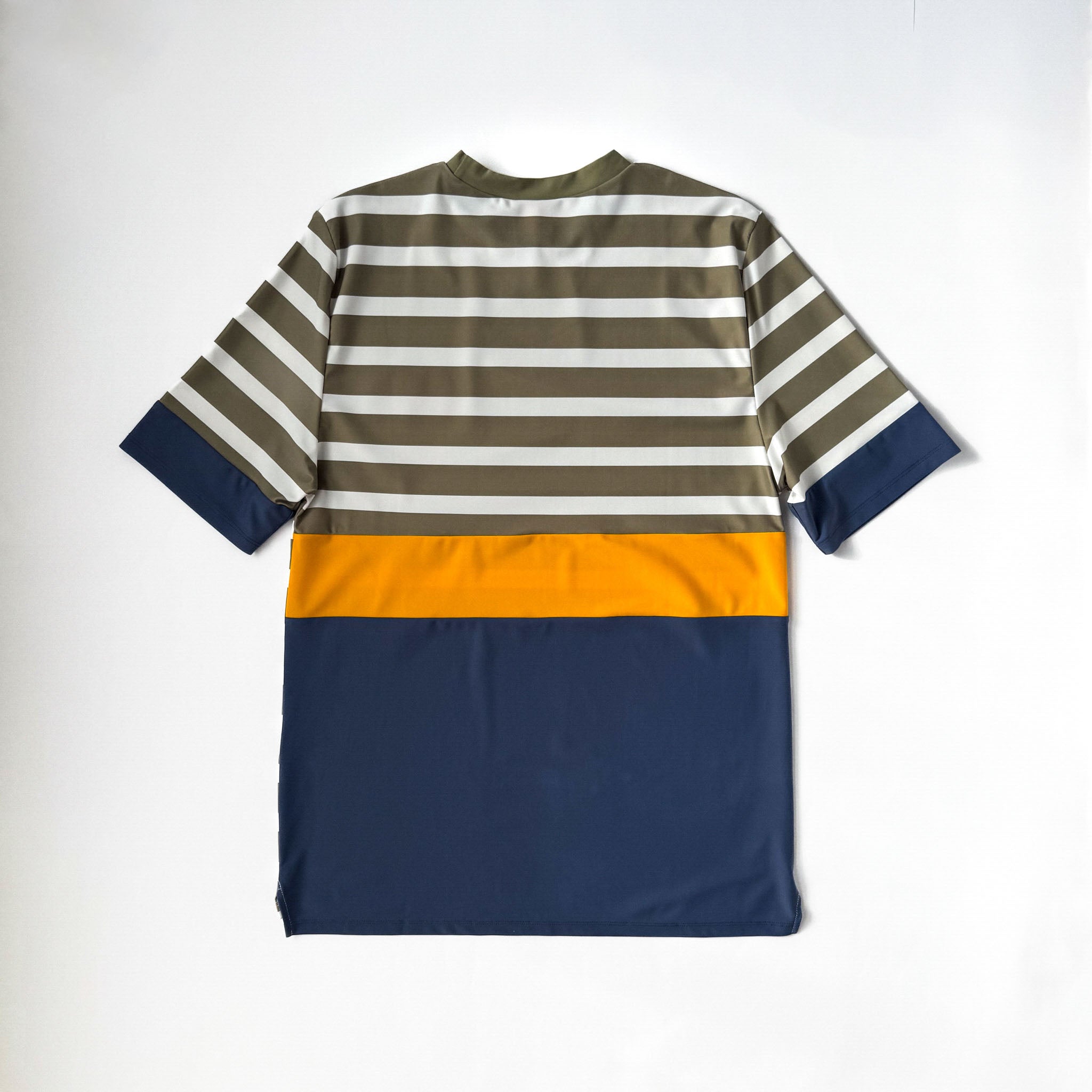 Back view of men swimwear swim shirts with yellow detail. On white background.