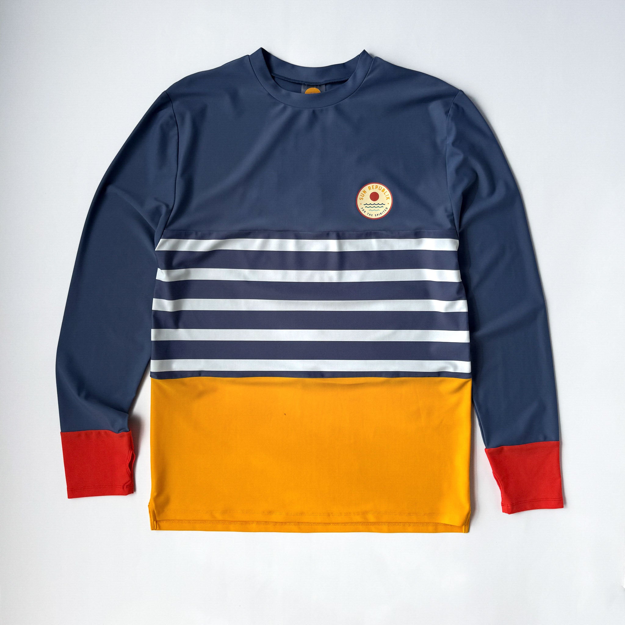 Mens beach wear rashie top on white background. Front view with long sleeve and yellow panel.
