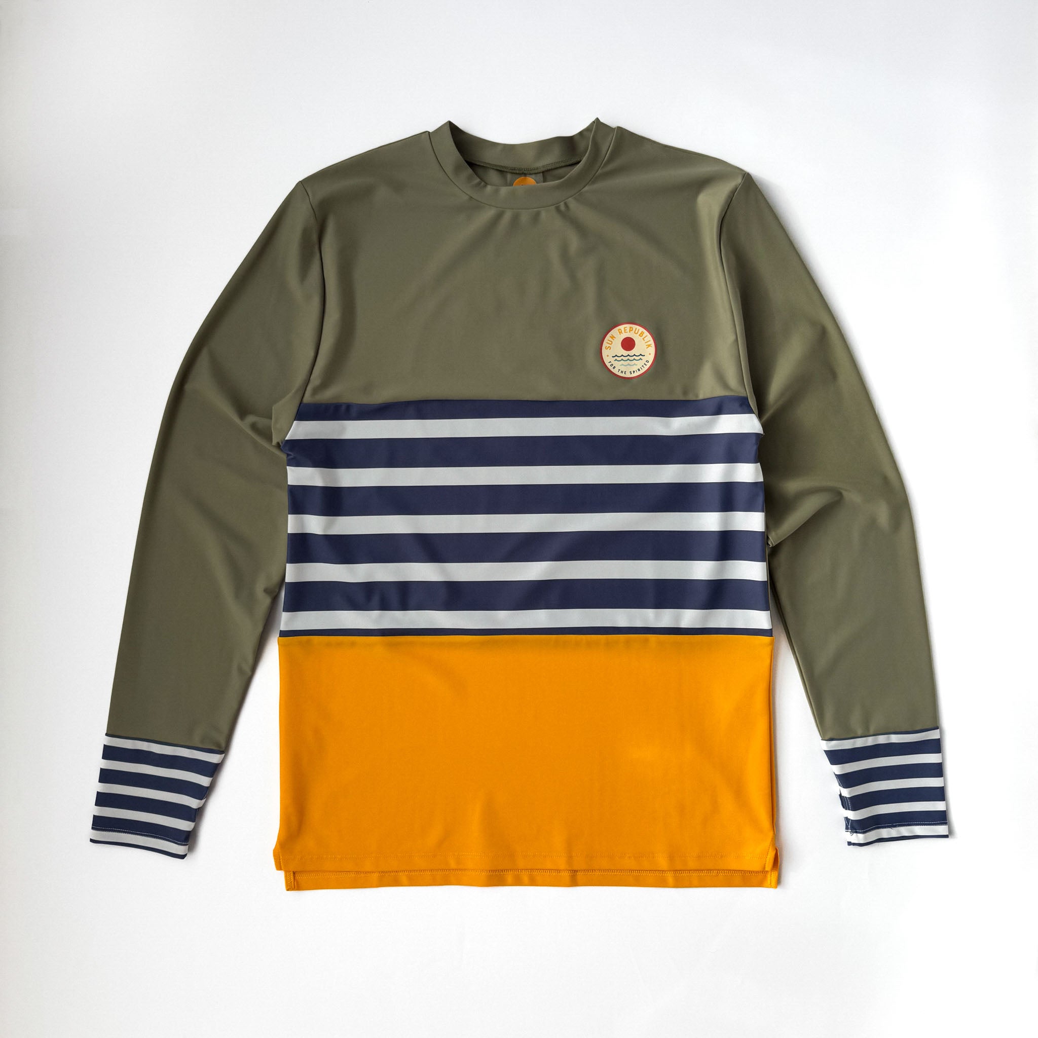 Front view of mens beach wear rashie top long sleeve. On white background.