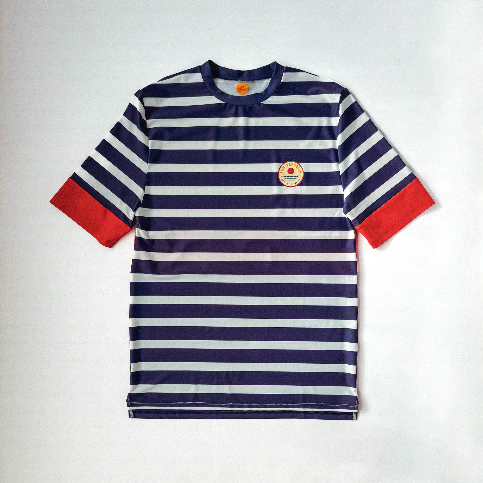 Men swimwear swim top, short sleeve. Front view on white background.