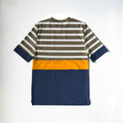 Back view of men swimwear swim shirts with yellow detail. On white background. 